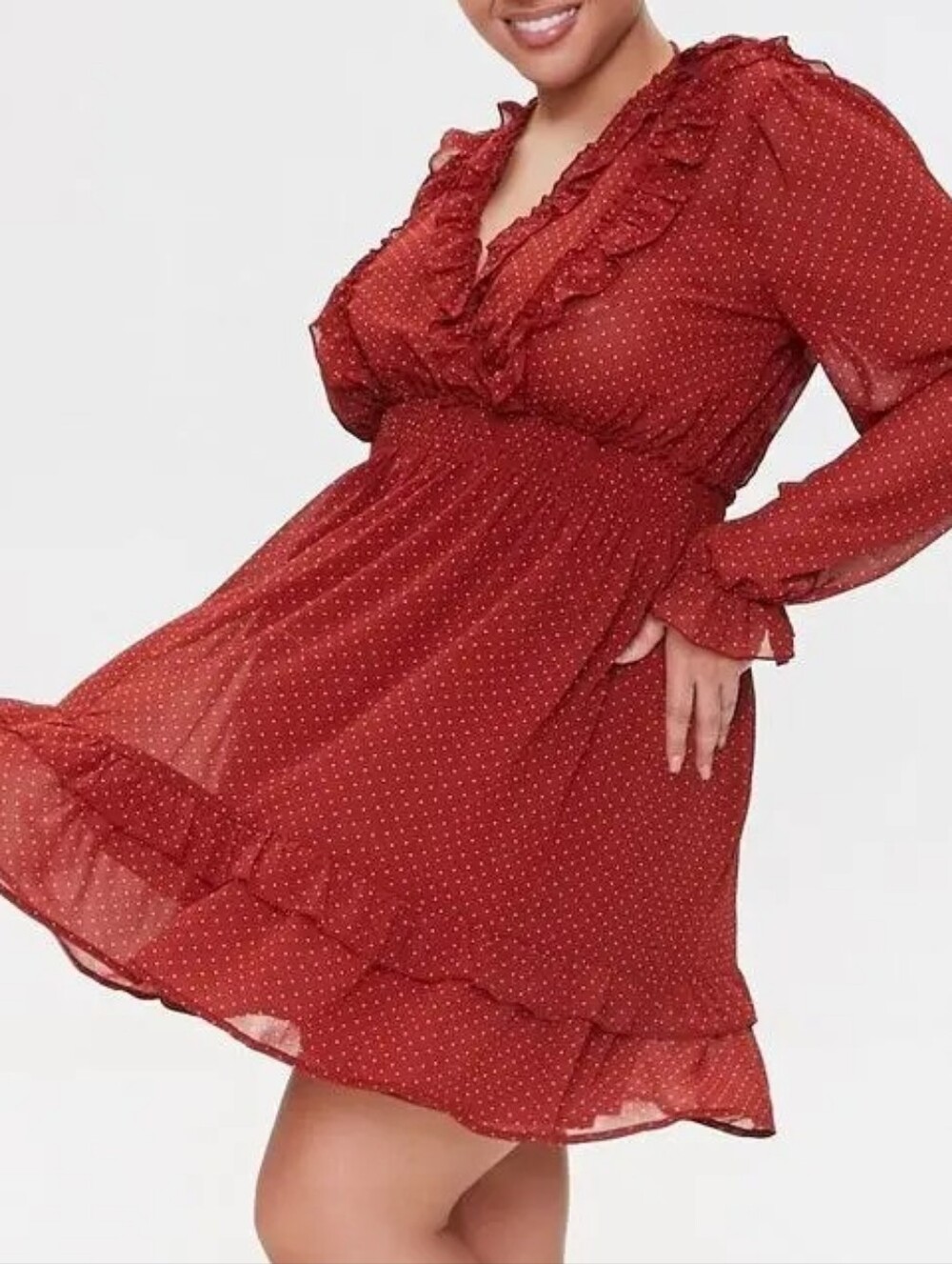 Forever 21 Rust Red Polka Dot Ruffle Long Sleeve Dress